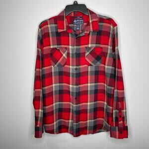 American Rag Flannel Button Up Shirt 100% Cotton Red Gray Plaid Pockets Men's L
